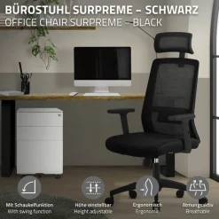 Ergonomischer Bürostuhl Schwarz Netzgewebe mit verstellbaren Armlehnen und Kopfstütze ML-Design