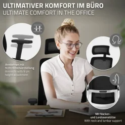 Ergonomischer Bürostuhl Schwarz Netzgewebe mit verstellbaren Armlehnen und Kopfstütze ML-Design