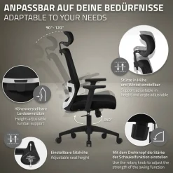 Ergonomischer Bürostuhl Schwarz Netzgewebe mit verstellbaren Armlehnen und Kopfstütze ML-Design