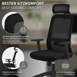 Ergonomischer Bürostuhl Schwarz Netzgewebe mit verstellbaren Armlehnen und Kopfstütze ML-Design