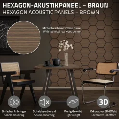 2er Set Akustikpaneele für 1m² Braun Wandpaneele Hexagon Schallabsorber Schalldämmung ML-Design
