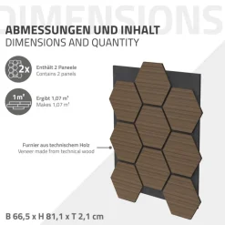 2er Set Akustikpaneele für 1m² Braun Wandpaneele Hexagon Schallabsorber Schalldämmung ML-Design