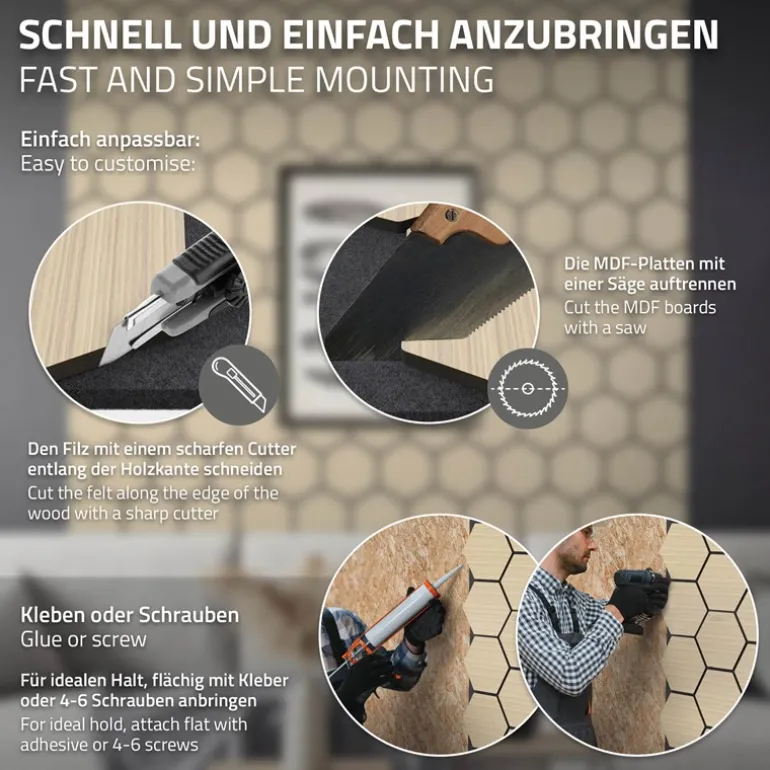 2er Set Akustikpaneele für 1m² Eiche Wandpaneele Hexagon Schalldämmung ML-Design