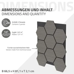 2er Set Akustikpaneele für 1m² Grau Wandpaneele Hexagon Schallabsorber Schalldämmung ML-Design