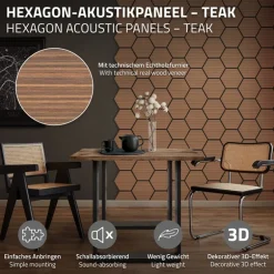 2er Set Akustikpaneele für 1m² Teak Wandpaneele Hexagon Schallabsorber Schalldämmung ML-Design