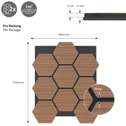 2er Set Akustikpaneele für 1m² Teak Wandpaneele Hexagon Schallabsorber Schalldämmung ML-Design