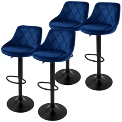 2er Set Barhocker 2x Blau Samtbezug mit Rückenlehne und Fußstütze höhenverstellbar 62-82cm ML-Design