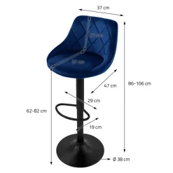 2er Set Barhocker 2x Blau Samtbezug mit Rückenlehne und Fußstütze höhenverstellbar 62-82cm ML-Design