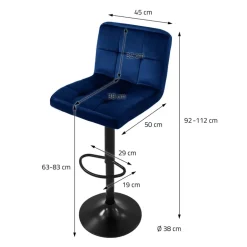 2er Set Barhocker 2x Blau Samtbezug mit Rückenlehne und Fußstütze höhenverstellbar 63-83cm ML-Design