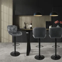 2er Set Barhocker 2x Grau Samtbezug mit Rückenlehne und Fußstütze höhenverstellbar 59-79cm ML-Design