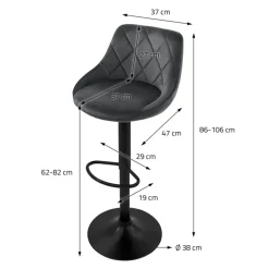 2er Set Barhocker 2x Grau Samtbezug mit Rückenlehne und Fußstütze höhenverstellbar 62-82cm ML-Design