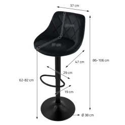 2er Set Barhocker 2x Schwarz Samtbezug mit Rückenlehne und Fußstütze höhenverstellbar 62-82cm ML-Design