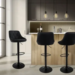 2er Set Barhocker 2x Schwarz Samtbezug mit Rückenlehne und Fußstütze höhenverstellbar 62-82cm ML-Design