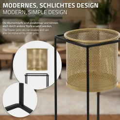 2er Set Blumenständer mit Übertopf 21x21x47/25x25x71 cm Schwarz/Gold aus Stahl ML-Design
