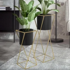 2er Set Blumenständer mit Übertopf Schwarz/Gold aus Stahl ML-Design