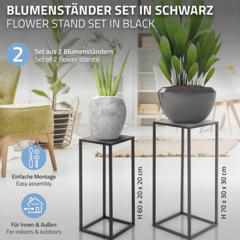 2er Set Blumenständer Schwarz aus pulverbeschichtet Metall ML-Design
