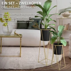 2er Set Blumenständer 21,8x22x47 / 25x25x71 cm Schwarz/Gold aus Stahl ML-Design