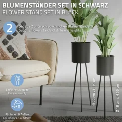 2er Set Blumenständer 22x22,5x66 / 23x26x79 cm Schwarz aus Stahl ML-Design