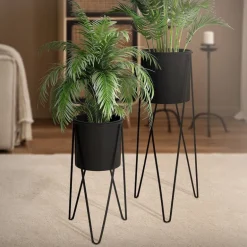 2er Set Blumenständer 27x27x48,5 / 35,5x34x75 cm Schwarz aus Stahl ML-Design