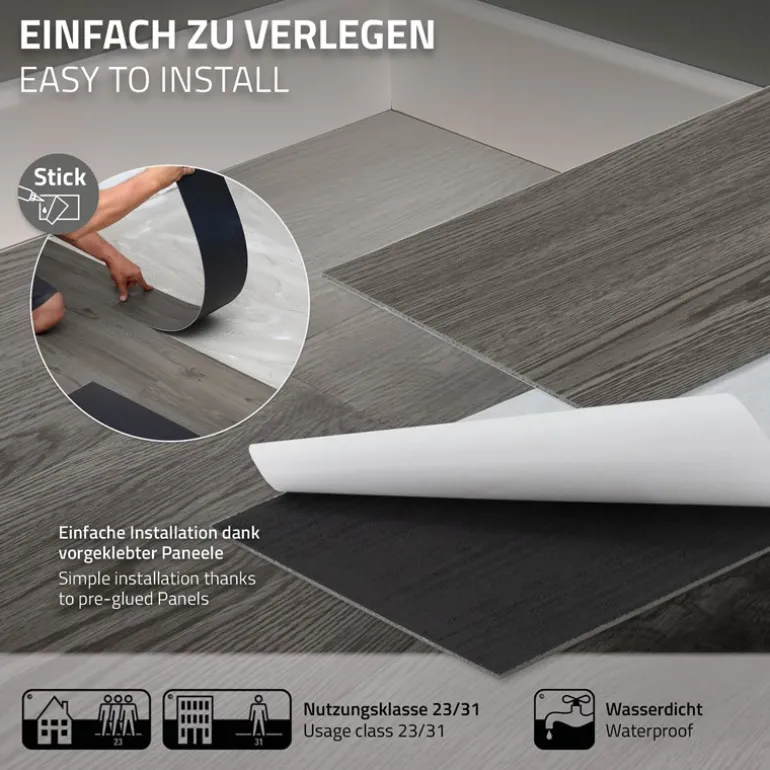 2er Set Deluxe PVC Klebevinylboden für 2,3 m² Eiche Grau 2 mm dick ML-Design
