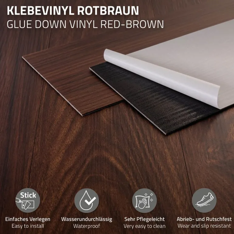 3er Set Deluxe PVC Klebevinylboden für 2,23 m² Rot-Braun Nuss 2 mm dick ML-Design