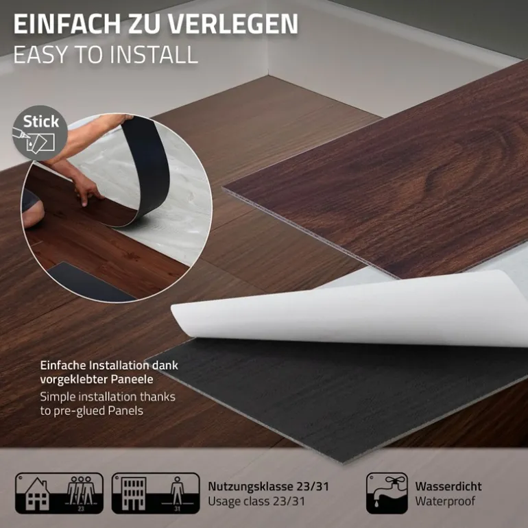 3er Set Deluxe PVC Klebevinylboden für 2,23 m² Rot-Braun Nuss 2 mm dick ML-Design