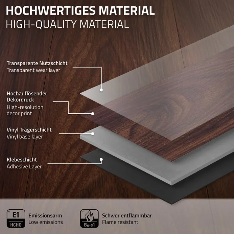 3er Set Deluxe PVC Klebevinylboden für 2,23 m² Rot-Braun Nuss 2 mm dick ML-Design