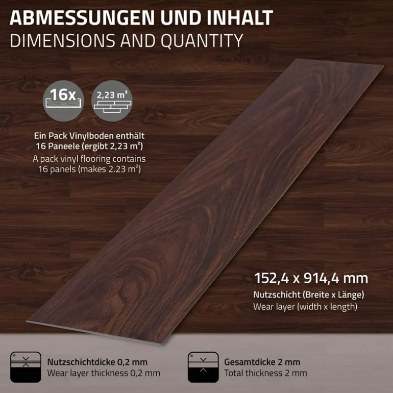 3er Set Deluxe PVC Klebevinylboden für 2,23 m² Rot-Braun Nuss 2 mm dick ML-Design