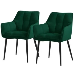 2er Set Esszimmerstuhl Dunkelgrün aus Frotteestoff mit dickem gepolsterter Sitz ML-Design