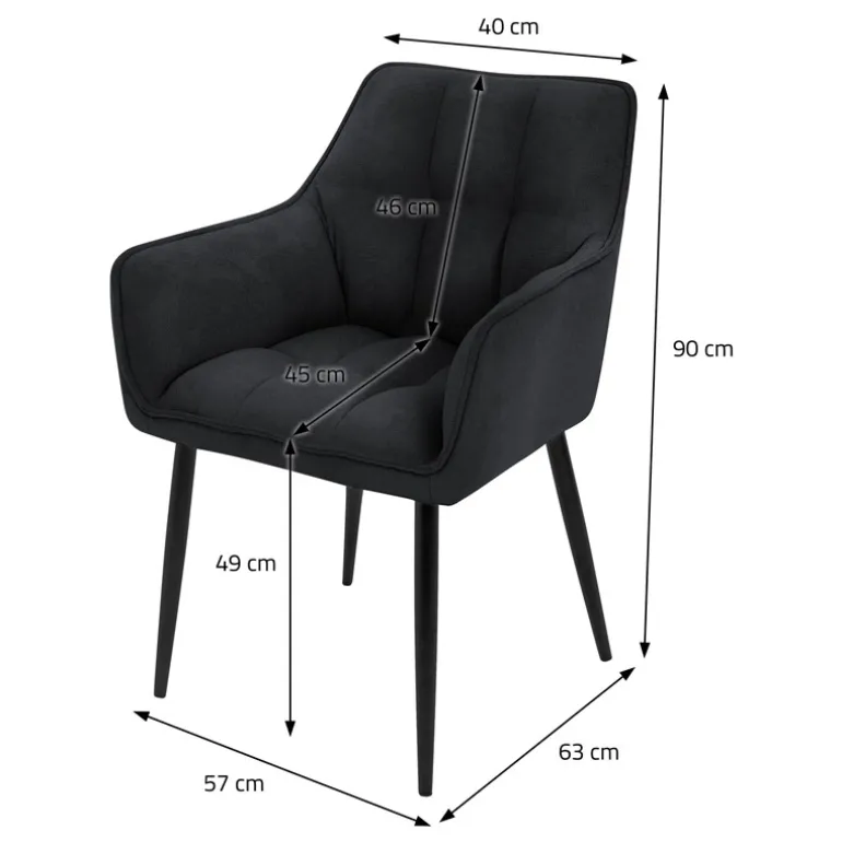 2er Set Esszimmerstuhl Schwarz aus Frotteestoff mit dickem gepolsterter Sitz ML-Design