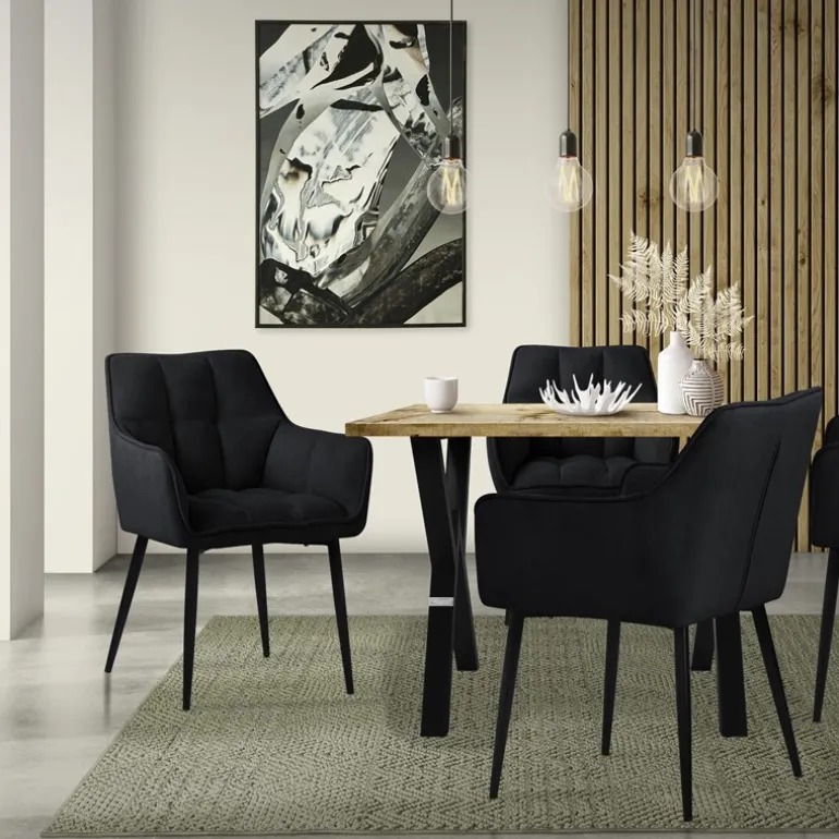 2er Set Esszimmerstuhl Schwarz aus Frotteestoff mit dickem gepolsterter Sitz ML-Design