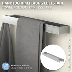 2er Set Handtuchhalter zum Kleben ohne Bohren mit Haken 42 cm Silber aus Edelstahl ML-Design