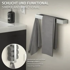 2er Set Handtuchhalter zum Kleben ohne Bohren mit Haken 42 cm Silber aus Edelstahl ML-Design