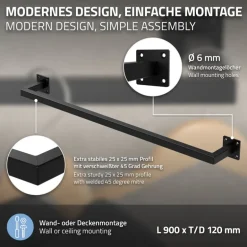 2er Set Kleiderstange Garderobe Wandmontage 12 x 90 cm Schwarz aus Stahl ML-Design