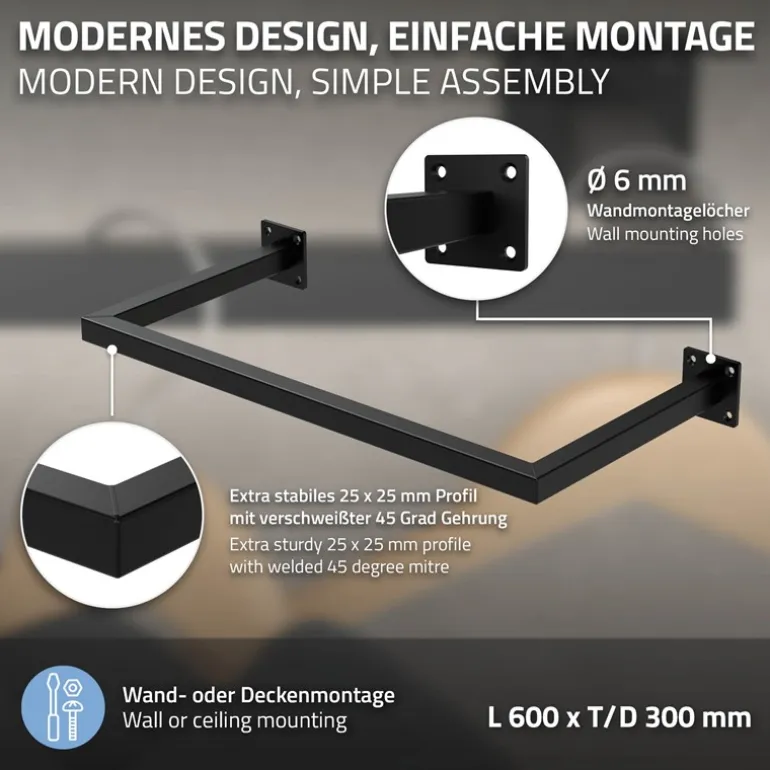 2er Set Kleiderstange Garderobe Wandmontage 30 x 60 cm Schwarz aus Stahl ML-Design