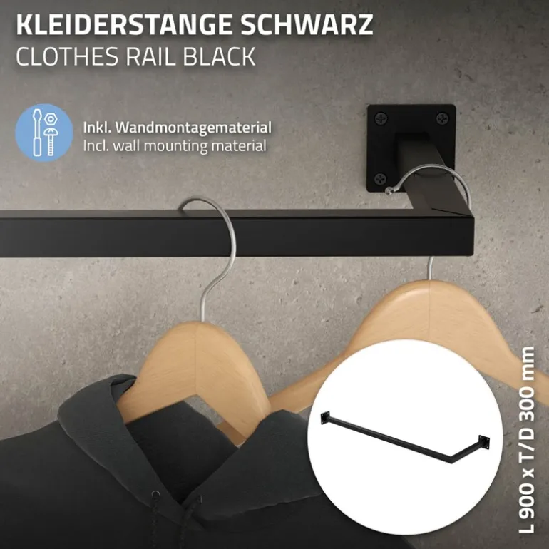 2er Set Kleiderstange Garderobe Wandmontage 30x90 cm Schwarz aus Stahl ML-Design