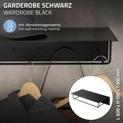 2er Set Kleiderstange Garderobe Wandmontage mit Ablage 60 x 30 x 15 cm Schwarz aus Metall ML-Design
