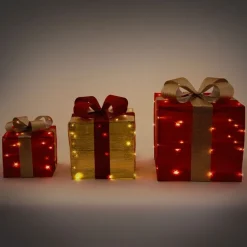 3er Set LED Deko Geschenkbox mit 90 warmweißen LEDs Rot Gold Drahtgestell batteriebetrieben mit Timer