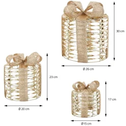 3er Set LED Weihnachtsgeschenkboxen Gold Warmweiß batteriebetrieben mit Timer