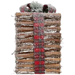 3er Set LED Weihnachtsgeschenkboxen warmweiß aus Rattan mit Timer und Kunstschnee