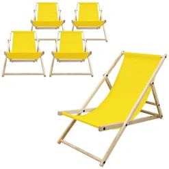 5er Set Liegestuhl klappbar Gelb Holz verstellbare Rückenlehne bis 120 kg Sonnenliege Gartenliege Strandliege