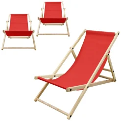 3er Set Liegestuhl klappbar Rot Holz verstellbare Rückenlehne bis 120 kg Sonnenliege Gartenliege Strandliege