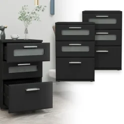 2er Set Nachttisch mit drei Schubladen 40x60x38 cm Schwarz aus Holz ML-Design