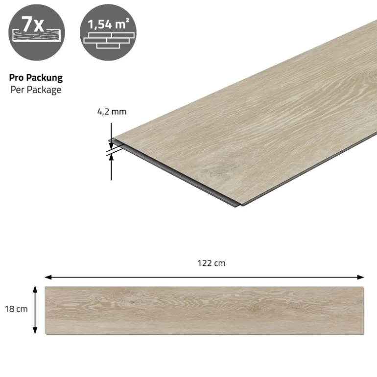2er Set PVC Vinylboden Bodenbelag 7 Dielen 4,2mm für 1,54m² mit Klick-System Eiche Afterglow ML-Design
