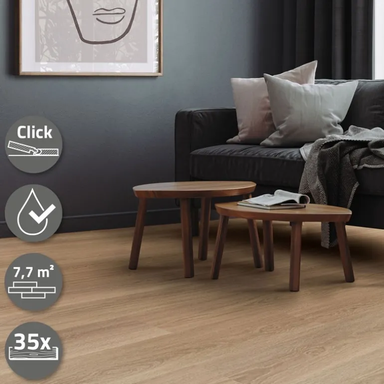 5er Set PVC Vinylboden Bodenbelag 7 Dielen 4,2mm für 1,54m² mit Klick-System Eiche Golden Hour ML-Design