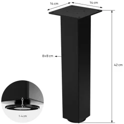 4er Set Tischbeine I-Design 42 cm Schwarz glänzend aus pulverbeschichtetem Stahl eckig Profil 8x8 cm Höhenverstellbare Möbelfüße 1-4 cm ML-Design