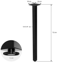 4er Set Tischbeine I-Design 72 cm Schwarz glänzend aus pulverbeschichtetem Stahl eckig Profil 4x4 cm Höhenverstellbare Möbelfüße 1-4cm