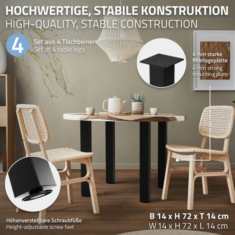 4er Set Tischbeine I-Design 72 cm Schwarz glänzend aus pulverbeschichtetem Stahl eckig Profil 8x8 cm Höhenverstellbare Möbelfüße 1-4cm ML-Design