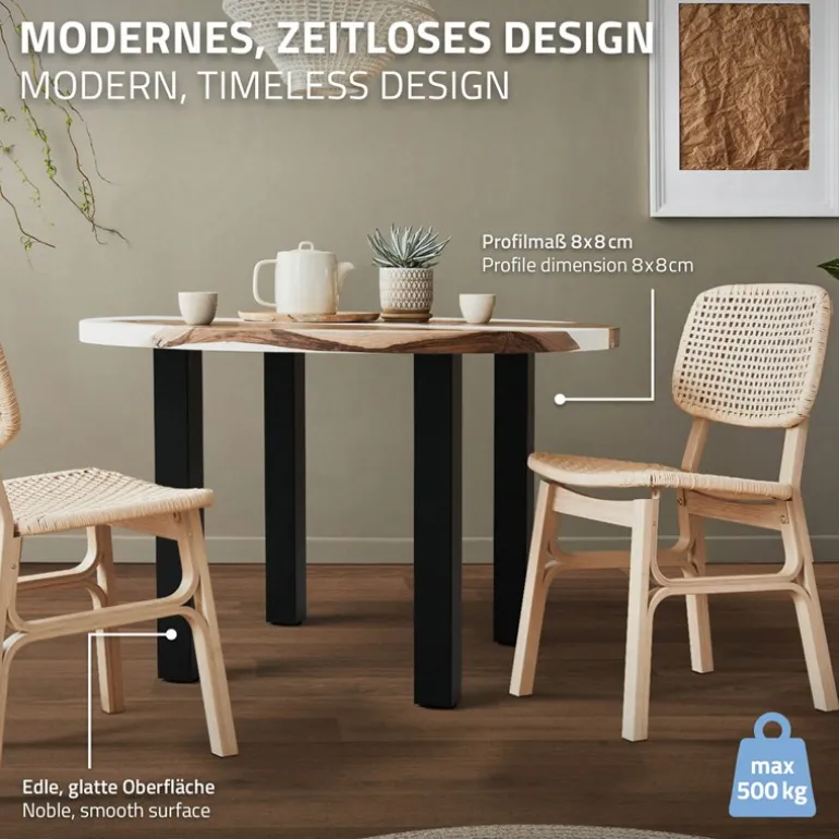 4er Set Tischbeine I-Design 72 cm Schwarz glänzend aus pulverbeschichtetem Stahl eckig Profil 8x8 cm Höhenverstellbare Möbelfüße 1-4cm ML-Design