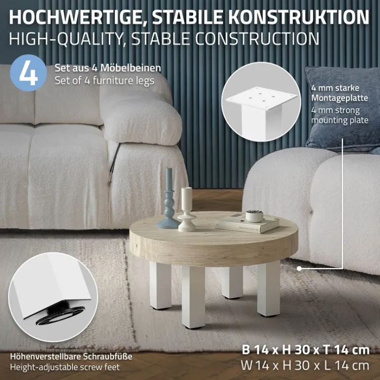 4er Set Tischbeine I-Design 30 cm Weiß glänzend aus pulverbeschichtetem Stahl eckig Profil 8x8 cm Höhenverstellbare Möbelfüße 1-4 cm ML-Design